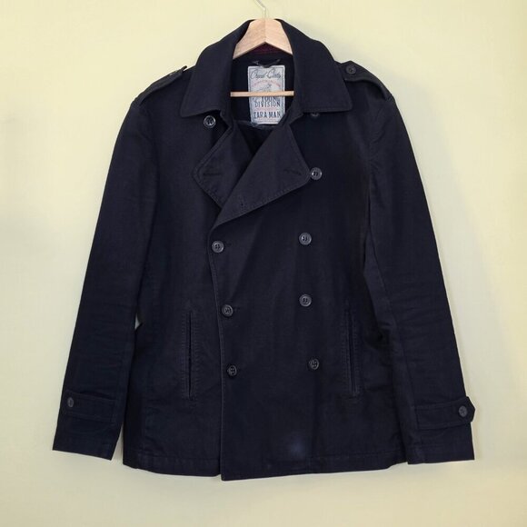 Zara Trench Coat Men XL Navy Double Breasted Vented Twill Cotton Unlined Pockets